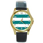 Horizontal Stripes - White and Teal Round Gold Metal Watch