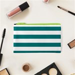 Horizontal Stripes - White and Teal Canvas Cosmetic Bag (XS)