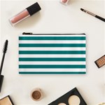 Horizontal Stripes - White and Teal Cosmetic Bag (S)