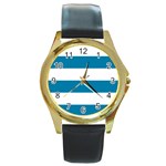 Horizontal Stripes - White and Cerulean Round Gold Metal Watch