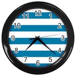Horizontal Stripes - White and Cerulean Wall Clock (Black)