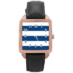 Horizontal Stripes - White and Dark Cerulean Rose Gold Leather Watch