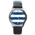 Horizontal Stripes - White and Dark Cerulean Round Metal Watch