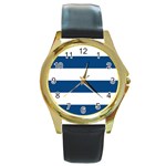 Horizontal Stripes - White and Dark Cerulean Round Gold Metal Watch