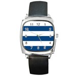 Horizontal Stripes - White and Dark Cerulean Square Metal Watch