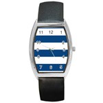 Horizontal Stripes - White and Dark Cerulean Barrel Style Metal Watch