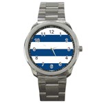 Horizontal Stripes - White and Dark Cerulean Sport Metal Watch
