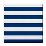 Horizontal Stripes - White and Dark Cerulean Tile Coaster
