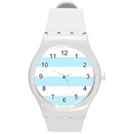 Horizontal Stripes - White and Light Blue Round Plastic Sport Watch (M)