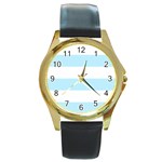 Horizontal Stripes - White and Light Blue Round Gold Metal Watch