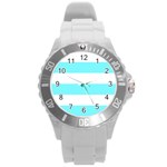 Horizontal Stripes - White and Electric Blue Round Plastic Sport Watch (L)