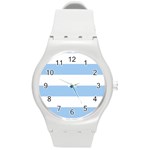 Horizontal Stripes - White and Baby Blue Round Plastic Sport Watch (M)