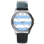 Horizontal Stripes - White and Baby Blue Round Metal Watch