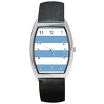 Horizontal Stripes - White and Iceberg Blue Barrel Style Metal Watch
