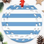 Horizontal Stripes - White and Iceberg Blue Round Filigree Ornament (Two Sides)