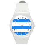 Horizontal Stripes - White and Dodger Blue Round Plastic Sport Watch (M)