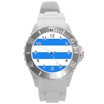 Horizontal Stripes - White and Dodger Blue Round Plastic Sport Watch (L)