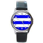 Horizontal Stripes - White and Blue Round Metal Watch