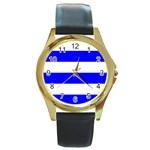 Horizontal Stripes - White and Blue Round Gold Metal Watch