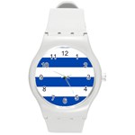 Horizontal Stripes - White and Cobalt Blue Round Plastic Sport Watch (M)