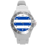 Horizontal Stripes - White and Cobalt Blue Round Plastic Sport Watch (L)