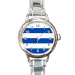 Horizontal Stripes - White and Cobalt Blue Round Italian Charm Watch