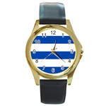 Horizontal Stripes - White and Cobalt Blue Round Gold Metal Watch