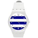 Horizontal Stripes - White and Dark Blue Round Plastic Sport Watch (M)