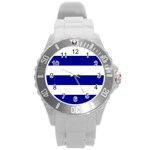 Horizontal Stripes - White and Dark Blue Round Plastic Sport Watch (L)