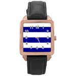 Horizontal Stripes - White and Dark Blue Rose Gold Leather Watch