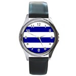 Horizontal Stripes - White and Dark Blue Round Metal Watch
