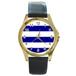 Horizontal Stripes - White and Dark Blue Round Gold Metal Watch