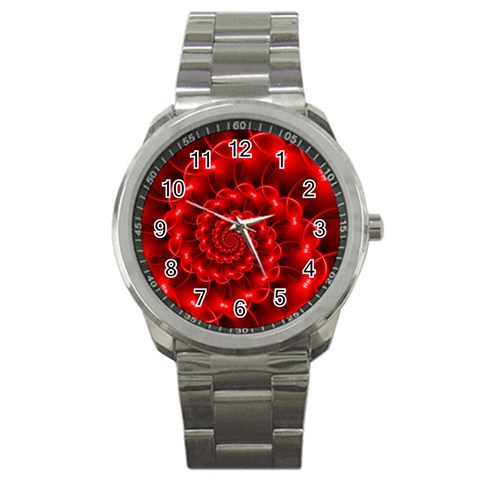 Glossy Red Spiral Fractal Sport Metal Watch from ArtsNow.com Front
