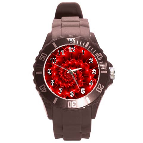 Glossy Red Spiral Fractal Round Plastic Sport Watch (L) from ArtsNow.com Front