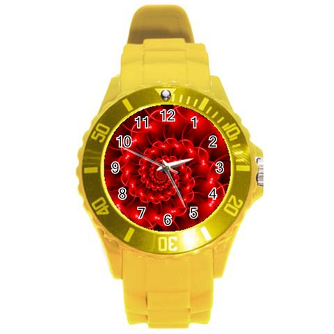 Glossy Red Spiral Fractal Round Plastic Sport Watch (L) from ArtsNow.com Front