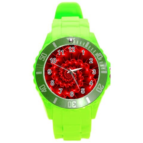 Glossy Red Spiral Fractal Round Plastic Sport Watch (L) from ArtsNow.com Front