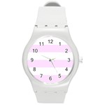 Horizontal Stripes - White and Pale Thistle Violet Round Plastic Sport Watch (M)