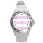 Horizontal Stripes - White and Thistle Violet Round Plastic Sport Watch (L)
