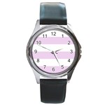 Horizontal Stripes - White and Thistle Violet Round Metal Watch