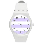 Horizontal Stripes - White and Pale Lavender Violet Round Plastic Sport Watch (M)
