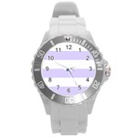 Horizontal Stripes - White and Pale Lavender Violet Round Plastic Sport Watch (L)