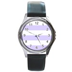 Horizontal Stripes - White and Pale Lavender Violet Round Metal Watch
