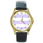 Horizontal Stripes - White and Pale Lavender Violet Round Gold Metal Watch