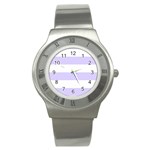 Horizontal Stripes - White and Pale Lavender Violet Stainless Steel Watch