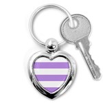 Horizontal Stripes - White and Bright Lavender Violet Key Chain (Heart)
