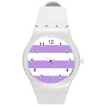 Horizontal Stripes - White and Bright Lavender Violet Round Plastic Sport Watch (M)
