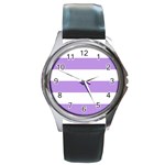 Horizontal Stripes - White and Bright Lavender Violet Round Metal Watch