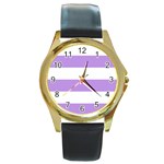 Horizontal Stripes - White and Bright Lavender Violet Round Gold Metal Watch