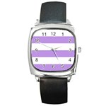 Horizontal Stripes - White and Bright Lavender Violet Square Metal Watch