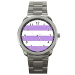 Horizontal Stripes - White and Bright Lavender Violet Sport Metal Watch